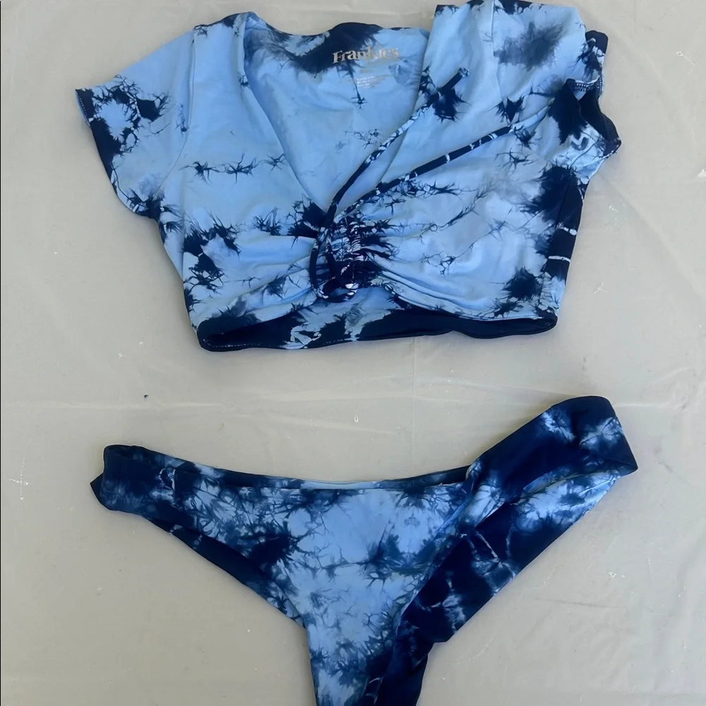 Frankie's Bikinis Light Blue and Navy Tie-Dye Crop Bikini Set